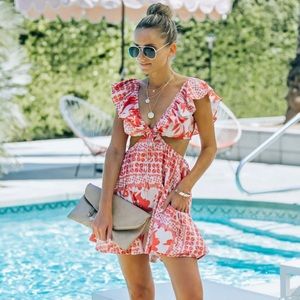 Linen Blend Pocketed Cutout Mini Dress- Pink/Tropical- Small